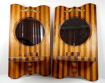 Blonde Dark Wood Striped Inlaid Inlay Marquetry Wooden Hanging Round Mirror Candlestick Candle Wall Sconce Pair Set Of 2 Two Hand Crafted