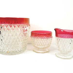 Indiana Glass Co 1960's Ruby Red Diamond Point Large Bowl Ice Bucket Footed Open Sugar Bowl Footed Handle Pitcher Creamer Three 3 Piece Set