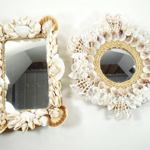 Seashell Sea Shell Frame Hanging Wall Mirror Pair Set Of 2 Two Rectangular & Round Natural Rope Burlap Trim Hand Crafted Beach Ocean Shells