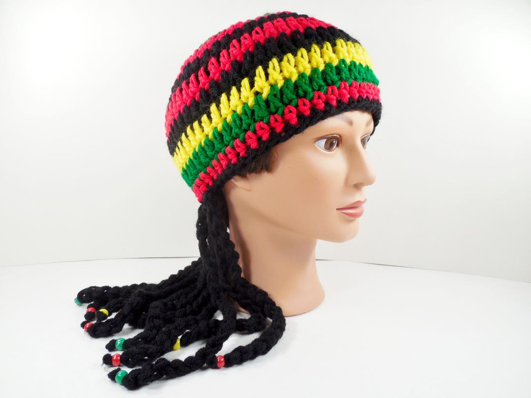 Red Rasta Hat Rastafari Rastafarian Rasta Hat With Dreadlocks Hand Crafted Crocheted ...