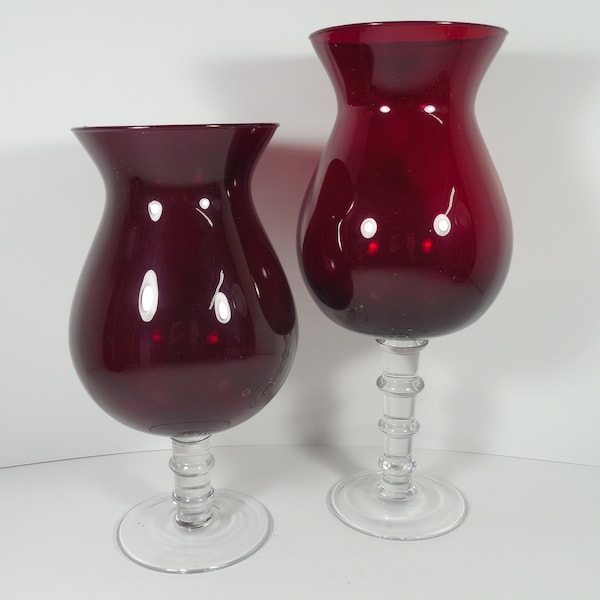 Ruby Red Cranberry Glass Footed Pedestal Vase Candle Holders Pair Set Of 2 Two Large Red Cranberry Top Choke Urn Shape Clear Glass Pedestal