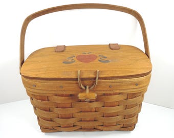 Longaberger Baskets Handwoven USA Signed AL 85 Top Handle Rectangular Basket Purse Handbag Hand Painted Tole Red Heart Fabric Lined Interior