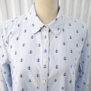 Tommy Hilfiger Light Blue White Stripped Nautical Navy Anchor Print Cotton Button Up Roll Tab Long Sleeve Oxford Shirt Size XL Extra Large