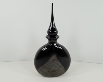 Art Glass Black And Gold Accent Glass Perfume Bottle Hand Blown Black Glass Gold Cresent Inlaid Details Black Glass Dabber Perfume Stopper