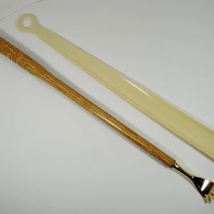 Oak Wood Wooden Handle Gold Tone Metal Hand Shape Hanging Design Back Scratcher 19 Inches Length And Long Plastic Shoehorn 18 Inches Length