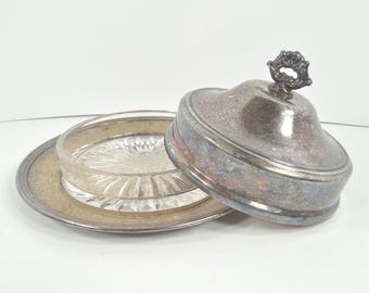 Art Nouveau Victorian Design Silver Plate Metal Glass Dish Covered Lidded Round Shape Three 3 Pieces Butter Dish Lifetime Brand Silverplate