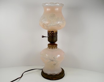 Art Nouveau Victorian Pink Frosted Glass Electric Hurricane Shape Boudoir Bedside Table Lamp Raised Embossed Floral Design Scalloped Edge