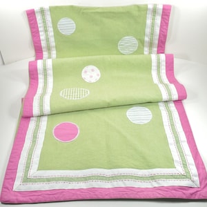 Pottery Barn Kids Dresser Linen Table Runner Pastel Green & Pink Circular Shape Sewn Thread Edge Inset Stripes Polka Dots Accents 68 x 17 In