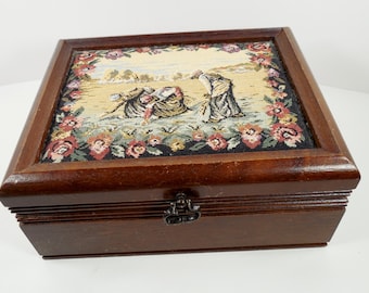 Tapestry Lid Lidded Dark Wood Wooden Jewelry Box Solid Gold Metal Hardware Women Farm Scene Floral Tapestry Gold Velvet Removable Top Tray
