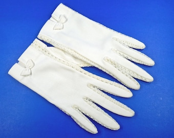 White Ivory Nylon Lace Edge Formal Evening Dress Gloves Size Small Lace Hand And Finger Side Edges Bow Wrist Accents Mid Century 1950s 60s