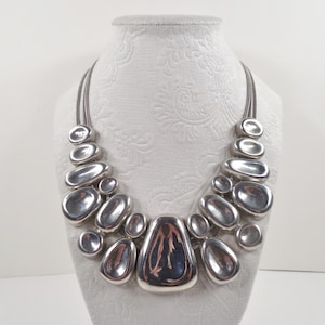 Chico's Bryana Bib Statement Necklace Large Chunky Organic Teardrop Concave Shaped Silver Tone Metal Links Three 3 Triple Snake Link Chains