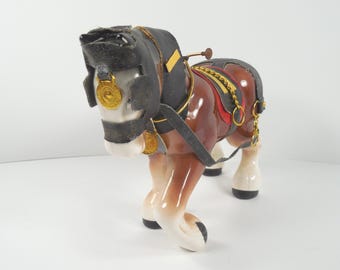 Scottish Clydesdale Horse Figurine Sculpture Ceramic Brown Black White Glaze Faux Leather Bridle Cart Wagon Harness With Gold Metal Accents