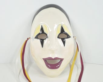 Ceramic Clay Art Wall Art Harlequin Mime Face Mask Wall Hanging White Ceramic Hand Painted Red Black Yellow New Orleans Mardi Gras Style