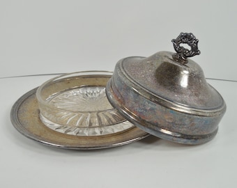 Art Nouveau Victorian Design Silver Plate Metal Glass Dish Covered Lidded Round Shape Three 3 Pieces Butter Dish Lifetime Brand Silverplate