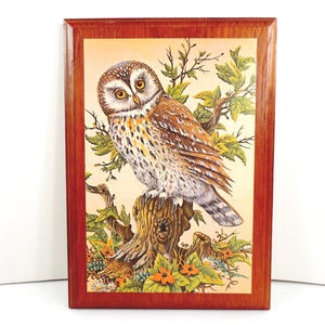 May include: A framed print featuring a detailed illustration of an owl perched on a tree stump. The owl has brown and white feathers, yellow eyes, and is surrounded by green leaves and orange flowers. The frame is made of dark wood.