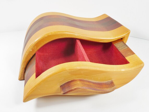 Wood Wooden Wave Curved Design Jewelry Box Hidden… - image 7
