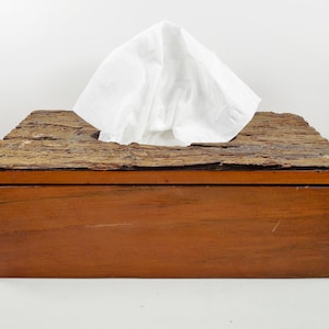 Handcrafted Wood Wooden Tissue Box Tissue Cover Hand Made Solid Dark Wood Lacquered Finish Rustic Genuine Natural Tree Bark Hinged Lid