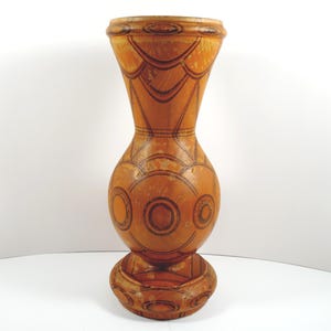 Hand Crafted Made Hand Carved Solid Wood Wooden Interwoven Circles Circular Design Pyrography Wood Burning Shou Sugi Ban Vase 10 Inch Height