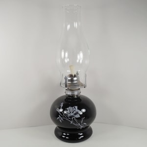 Lamplight Farms Black Glass White Rose Flower Design Kerosene Hurricane Lantern Paraffin Oil Lamp Round Shape Base Glass Chimney Lamp Shade