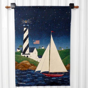 Coastal Breeze By Warren Kimble Tapestry Wall Hanging Rectangular 36 By 26 Inches Scenic Sailing Sailboat Schooner Lighthouse American Flag