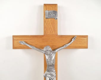 Oak Wood Solid Wooden Pewter Tone Metal Jesus Christ INRI Wall Hanging Crucifix Religious Catholic Cross Dimensional Raised 3D Jesus 12 Inch