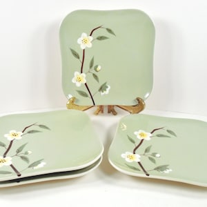 Celadon Blossom Weil Ware California Pottery Snack Plates Set Of 4 Four 5 3/4 Inch Square Turquoise Mint Green White Cherry Blossom Flowers