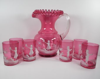 Fenton Cranberry Glass Victorian Mary Gregory Pitcher Six 6 Tumbler Glasses Set Red Ruby Glass Hand Painted Girl With Bird And Boy Fishing