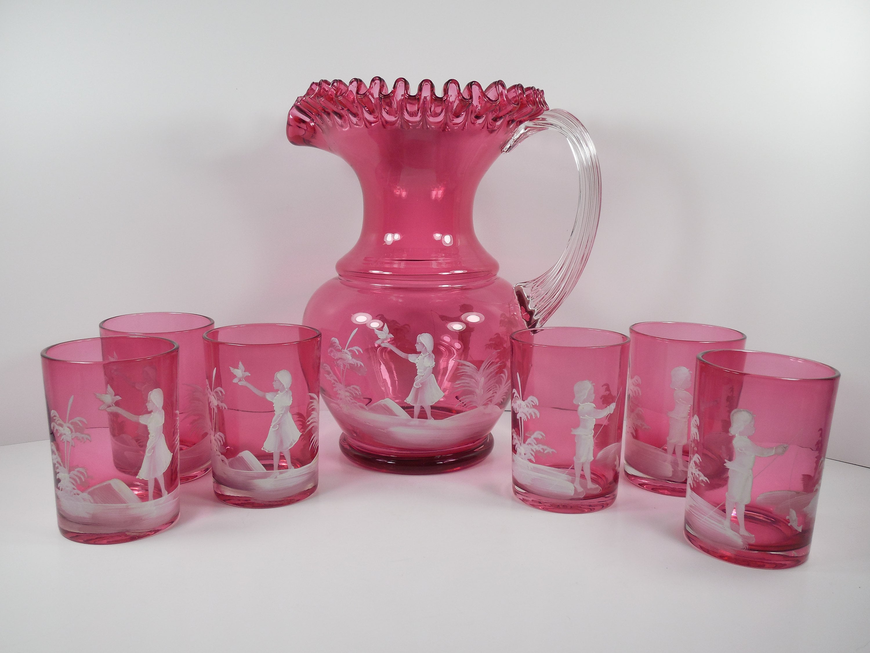 Fenton Cranberry Glass Victorian Mary Gregory Pitcher Six 6