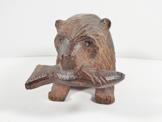 Ironwood Carved Wood Wooden Bear Carrying Fish in Mouth Sculpture