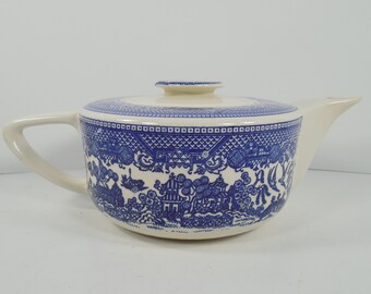 Blue Willow China Design English Stoneware Teapot Kettle White And Cobalt Blue Glaze Art Deco Shape Asian Oriental Chinese Japanese Design