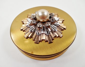 Art Deco Starburst Faux Pearl Rhinestones Mirror Compact By Blatt & Ludwig USA Round Gold Tone Metal Raised Silver Rose Gold Tone Sunburst