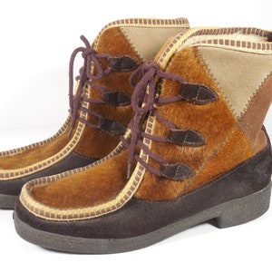 May include: Brown suede and fur ankle boots with a lace-up closure and a brown rubber sole.