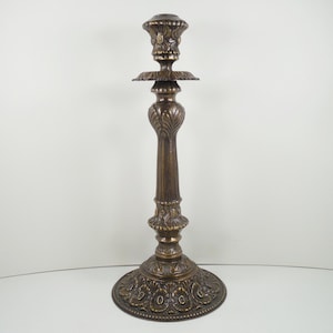 Art Nouveau Antique French Victorian Design Bronze Tone Metal Tapered Candlestick Holder 13 Inch Height Floral Scallop Ribbed Column Design