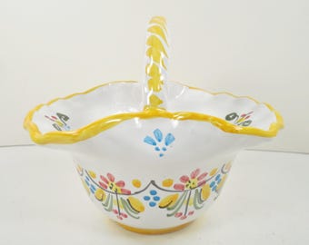 Espana Spain Signed Spanish Pottery Handle Basket White Glaze Talavera Fajalauza Granada Style Hand Painted Yellow Blue Red Floral Flowers