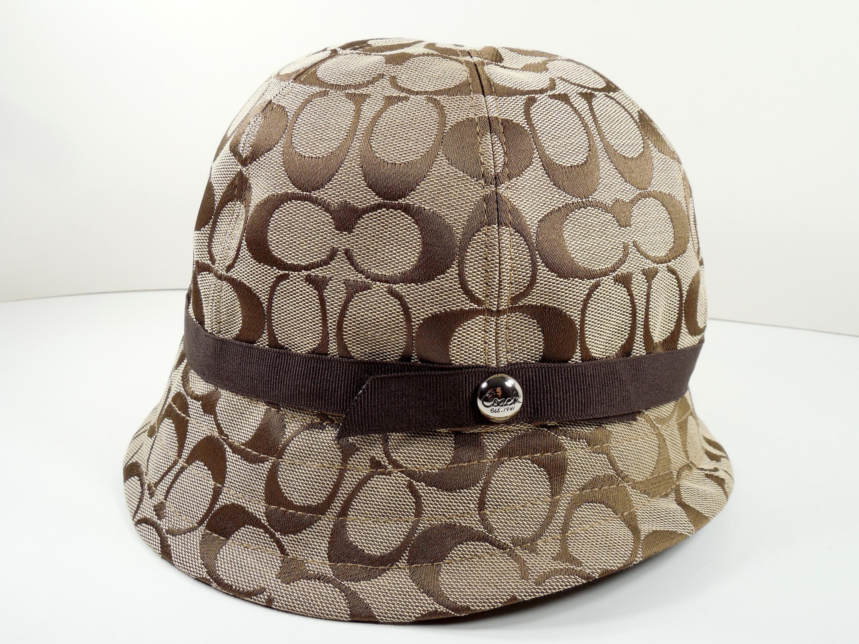 Coach Signature Canvas Brown Tan Beige Cloche Bucket Spring 