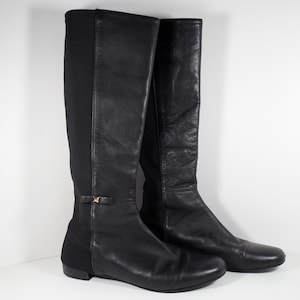 Kate Spade Olivia Italian Black Leather Black Nylon Knee High Pull On Boots Size 10 M Made In Italy Equestrian Riding Walking City Style