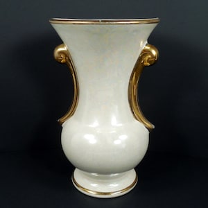 Art Deco Design Iridescent Lusterware Vase By Pearl China Co Hand Decorated 22Kt Gold Handles And Trim White Pearlized Iridescence Glaze