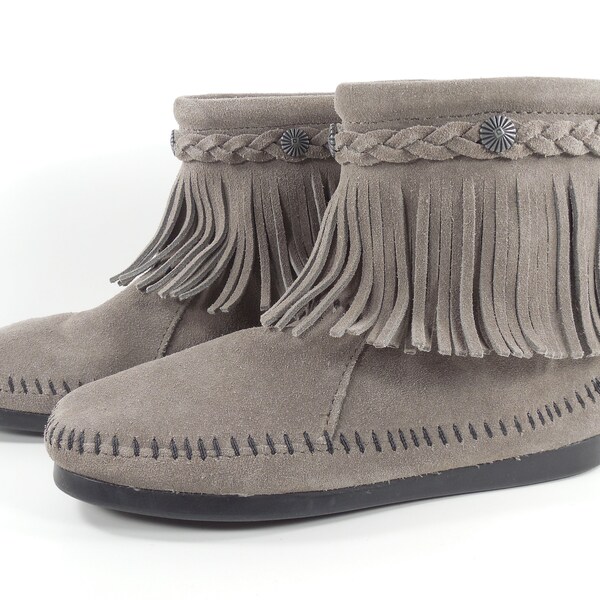 High Top Back Zip Gray Suede Leather Minnetonka Moccasins Ankle Boots Size 5.5 Size 5 1/2 Fringe And Braided Conchos Design Hard Rubber Sole