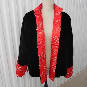 Black Velvet Reversible Red Brocade Kimono Jacket Coat Asian Oriental Japanese Chinese Style Black Velvet Reverses Red Embroidered Floral