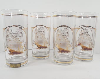 Culver Ship Highball Glasses Set Of 4 Four 22 KT Karat Gold And Burgundy Full Rigged Ship Schooner Clipper Sailing Sail Boat Vessel 12 ozs