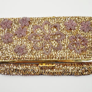 Gold Sequin And Floral Design Rose Gold Iridescent Seed Beaded Half Folding Gold Satin Fabric Kiss Lock Clutch Purse Handbag Hand Beaded