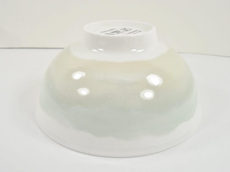 May include: A white ceramic bowl with a gradient of colours. The bowl transitions from white at the base to a pale green and yellow in the middle, and back to white at the rim. The bowl is approximately 13 cm in diameter.