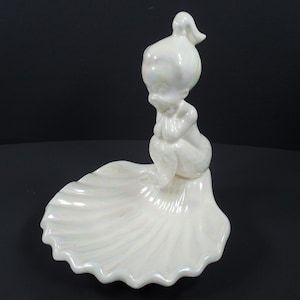 Mermaid Clam Shell Ceramic Iridescent Pearlized Iridescence Soap Dish Trinket Jewelry Dish Mermaid Figurine Sitting On Clam Seashell Dish