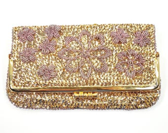 Gold Sequin And Floral Design Rose Gold Iridescent Seed Beaded Half Folding Gold Satin Fabric Kiss Lock Clutch Purse Handbag Hand Beaded