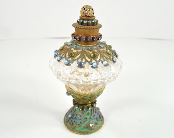 Filigree Metal Overlay Blue Pink Green Crystal Jewel Accents Octagon Shape Glass Flacon Perfume Bottle Enamel Crystal Jewel Pedestal Base