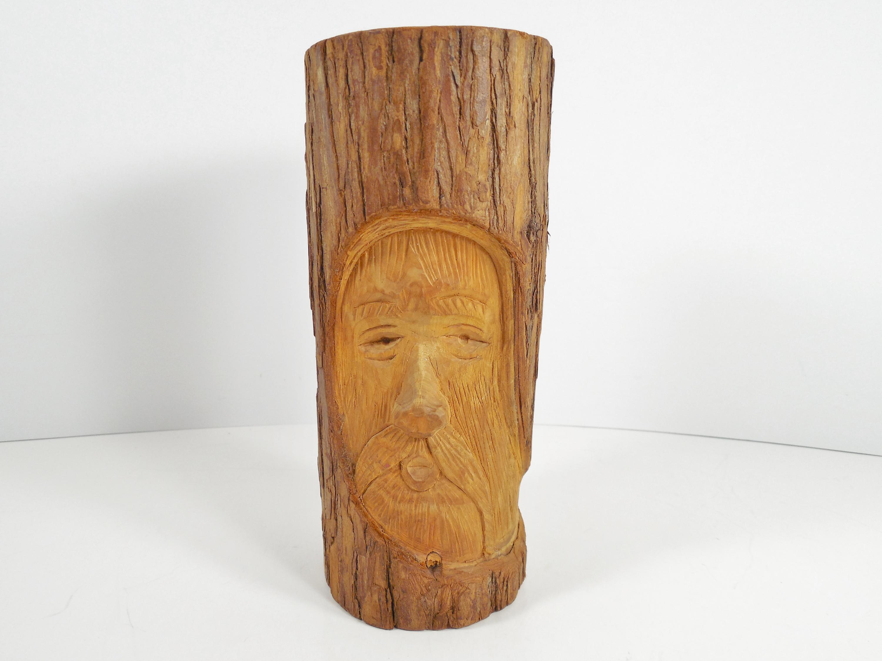 Carved Wood Wooden Mountain Man Hunter Forest Tree Spirit Man Face Artist Signed Diego 1992 Hand Carved Solid Natural Wood Bark Tree Log