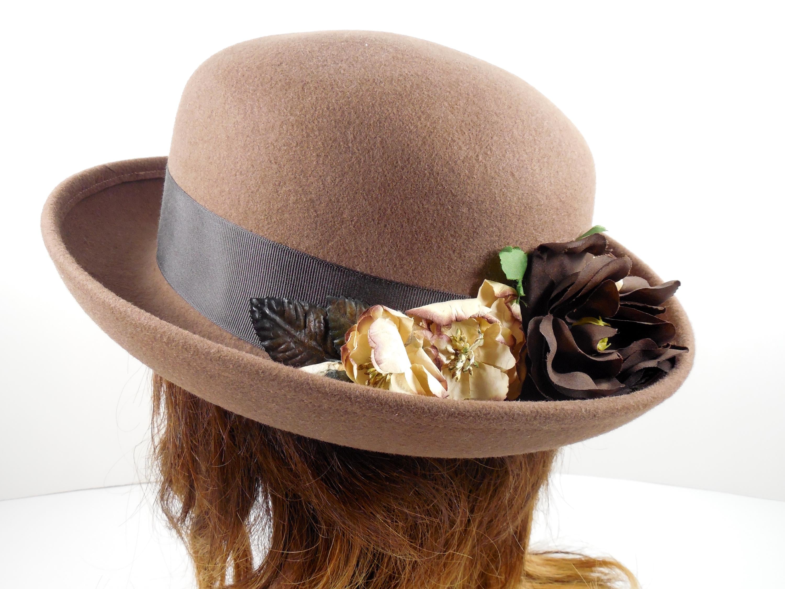 Brown Dark Camel Beige Tan Wool Derby Bowler Hat 22 Inches 