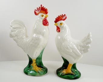 Lefton Japan Rooster Chicken Figurine Pair Couple Set 2 Two Porcelain Hand Painted White Red Crown Wattles Yellow Feet Beck Mid Century