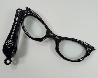 MCM Mid Century Cat Eye Lorgnette Opera Theater Theatre Spectacles Reading Magnifying Folding Eyeglasses Black Lucite Iridescent Rhinestones