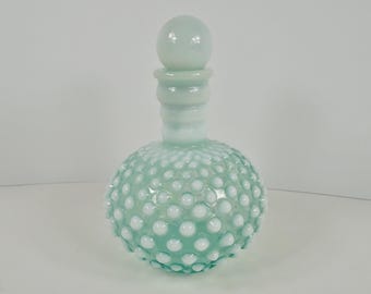 Fenton Wrisley Mint Green Aqua Opalescent Moonglow Hobnail Milk Glass Art Glass Perfume Bottle Round Shape Glass And Cork Perfume Stopper